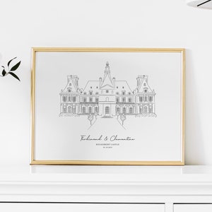Handgetekende trouwlocatie print, locatie lijntekeningen schets, huwelijkscadeau, 1e huwelijksverjaardag aanwezig, gepersonaliseerde paar cadeau, aangepaste print
