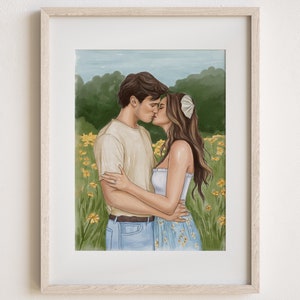 パーソナライズされたカップルのポートレート、手描きの水彩画アートプリント、楽しいホリデーの絵画、結婚式の目的地の記念品、友人のポートレート