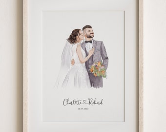 Ritratto di matrimonio personalizzato - Dipinto da foto, regalo per il primo anniversario, regalo per lei/lui, regalo per coppia, regalo di fidanzamento, illustrazione disegnata a mano