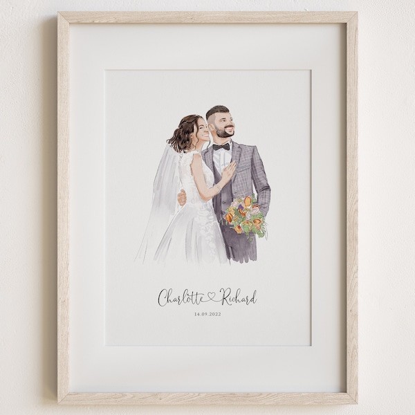 Portrait de mariage personnalisé - peinture à partir d'une photo, cadeau 1er anniversaire, cadeau pour elle/lui, cadeau pour couple, cadeau de fiançailles, illustration dessinée à la main