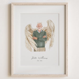 May include: A framed print of a watercolor illustration of a man with a halo and angel wings. The text below the image reads "Peter Williams 1965 - 2024".