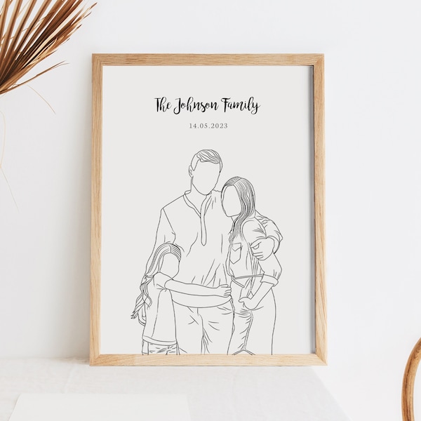 Line Art Portrait, Family Gift, Couple Print, Personalised Wedding Anniversary, Best Friends Gift, Custom Portrait from Photo, Gift for Mom