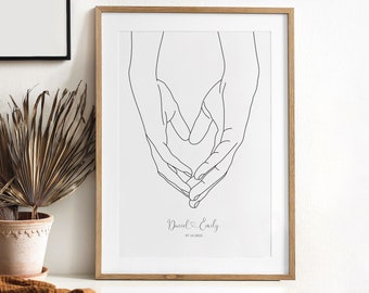 Personalised Hand Holding Print, Couple Gift, Wedding Anniversary Gift, Line Art Drawing, Gift for Her Him, Valentine's Day, Christmas Print