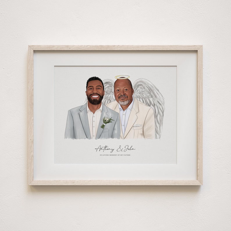 May include: A framed illustration of two men, one with angel wings, in loving memory of their father. The text reads "Anthony & John, In loving memory of my father."