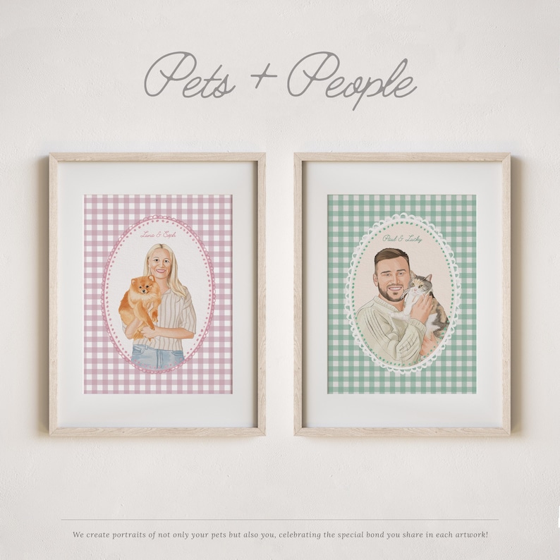 May include: Two framed portraits featuring people with their pets. One shows a woman with a Pomeranian against a pink gingham background. The other depicts a man with a cat against a green gingham backdrop. The text "Pets + People" is above.