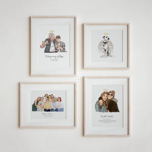 May include: Four framed illustrations, each with a different image. The top left frame shows a watercolor illustration of two people, a man and a woman, holding a small dog. The top right frame shows a watercolor illustration of a dog with wings. The bottom left frame shows a watercolor illustration of a group of people, including a dog. The bottom right frame shows a watercolor illustration of two people hugging.
