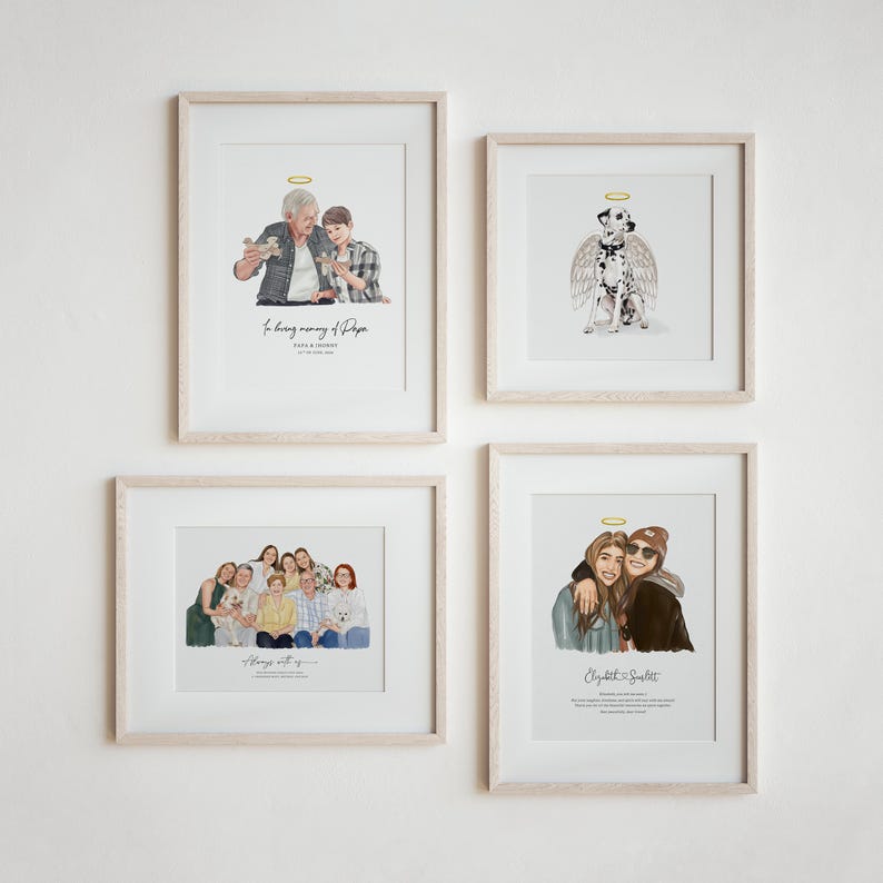 May include: Four framed illustrations, each with a different image. The top left frame shows a watercolor illustration of two people, a man and a woman, holding a small dog. The top right frame shows a watercolor illustration of a dog with wings. The bottom left frame shows a watercolor illustration of a group of people, including a dog. The bottom right frame shows a watercolor illustration of two people hugging.