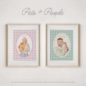 May include: Two framed portraits featuring people with their pets. One shows a woman with a dog, the other a man with a cat. The backgrounds are checkered, with the text "Pets + People" above.