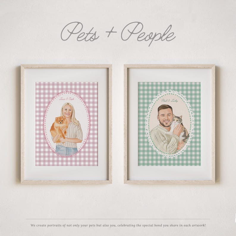 May include: Two framed portraits featuring people with their pets. One shows a woman with a dog, the other a man with a cat. The backgrounds are checkered, with the text "Pets + People" above.