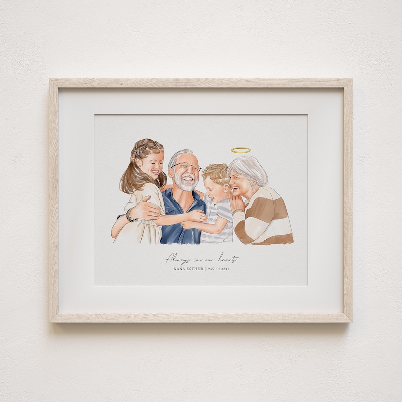 May include: A watercolor illustration of a family of four, including a grandfather, two children, and a grandmother with a halo above her head. The family is hugging each other. The text below the image reads "Always in our hearts" and "Nana Esther (1945 - 2023)".