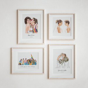 May include: Four framed art prints featuring watercolor illustrations of couples and groups. The prints depict same-sex couples in various settings, including a wedding and a kiss. The prints are in light wood frames.