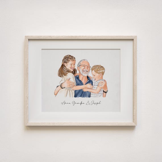 Personalized Grandfather Portrait, Hand-Drawn Artwork, Custom Grandpa Gift for Birthday, Father's Day Gift for Grandad, Gift from Grandkids