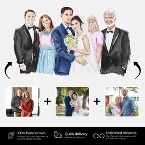 May include: A watercolor illustration of a wedding party with the bride and groom in the center. The couple is surrounded by family and friends. The illustration is in a hand-drawn style and features a soft, romantic color palette.