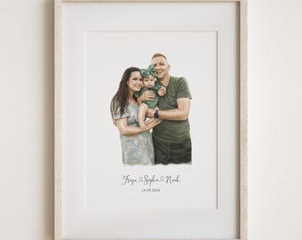 Personalized Family Painting, Couple Portrait Hand-drawn from Photo, Mom Gift, Wedding Anniversary Gift, Bespoke Illustration Art Prints