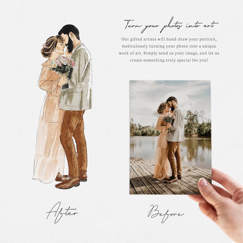 Retrato de propuesta de matrimonio, pintura fotográfica de compromiso, dibujo personalizado de novio y novia, retrato en acuarela, decoración para el hogar. imagen 2