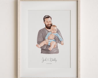 May include: A framed illustration of a father holding a baby. The father wears a gray long-sleeve shirt, and the baby is in a blue and white striped onesie. The text "Jack & Daddy" and the date 16.06.2024 are below the illustration.