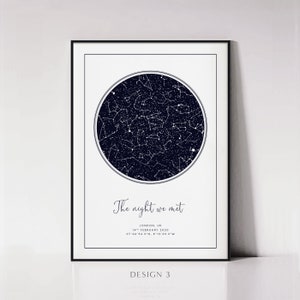 May include: A black and white printable poster with a star map design. The poster has the text "The night we met" and the date "14th February 2020" with coordinates for London, UK.