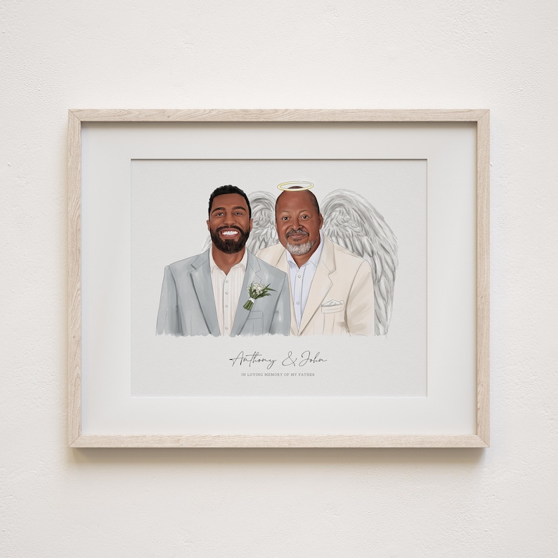 May include: A framed illustration of two men in suits, one with angel wings. The text reads "Anthony & John, In loving memory of my father."