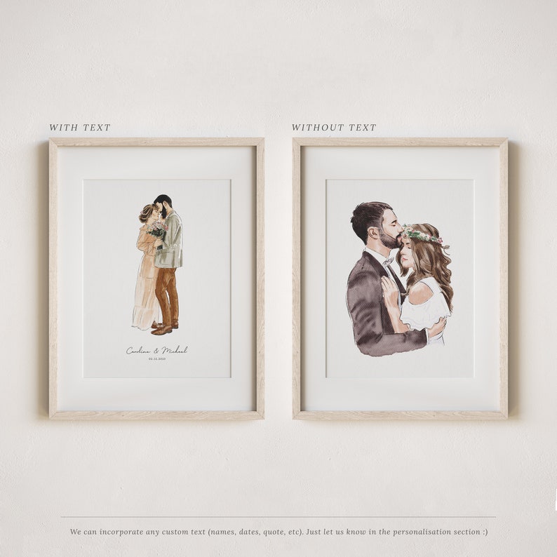 May include: Two framed illustrations of a couple embracing. The illustration on the left includes the text "Caroline & Michael" and the date "05.14.2023". The illustration on the right does not include text.