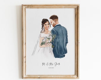 Custom Wedding Portrait - Painting from Photo, 1st Anniversary Gift, Gift for Her/Him, Couple Gift, Engagement Gift, Hand Drawn Illustration