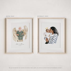 May include: Two framed illustrations. The first shows a man with angel wings and the text "Peter Williams 1941-2018". The second shows a woman holding a baby with a halo.
