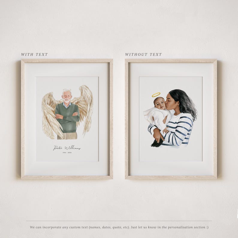 May include: Two framed illustrations. The first shows a man with angel wings and the text "Peter Williams 1941-2018". The second shows a woman holding a baby with a halo.