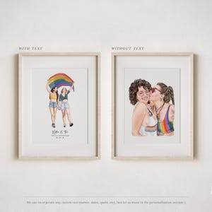 May include: Two framed watercolor prints. One shows two people holding a rainbow flag, the other shows two people kissing. Both are in light wood frames. The text "WITH TEXT" and "WITHOUT TEXT" are above the prints.
