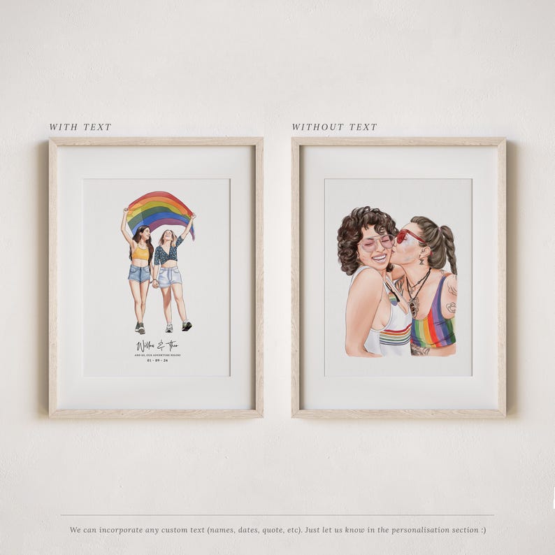 May include: Two framed watercolor prints. One shows two people holding a rainbow flag, the other shows two people kissing. Both are in light wood frames. The text "WITH TEXT" and "WITHOUT TEXT" are above the prints.