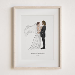 May include: A framed illustration of a bride and groom in black and white, with the bride's veil flowing behind her. The text "Andrew & Samantha 14.09.2022" is printed below the couple.