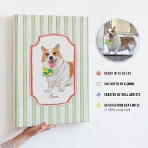 May include: A canvas print featuring a watercolor painting of a Corgi dog with a yellow and green bandana. The dog is set against a striped green and white background, framed in a red border. Text on the print reads "Eevee".