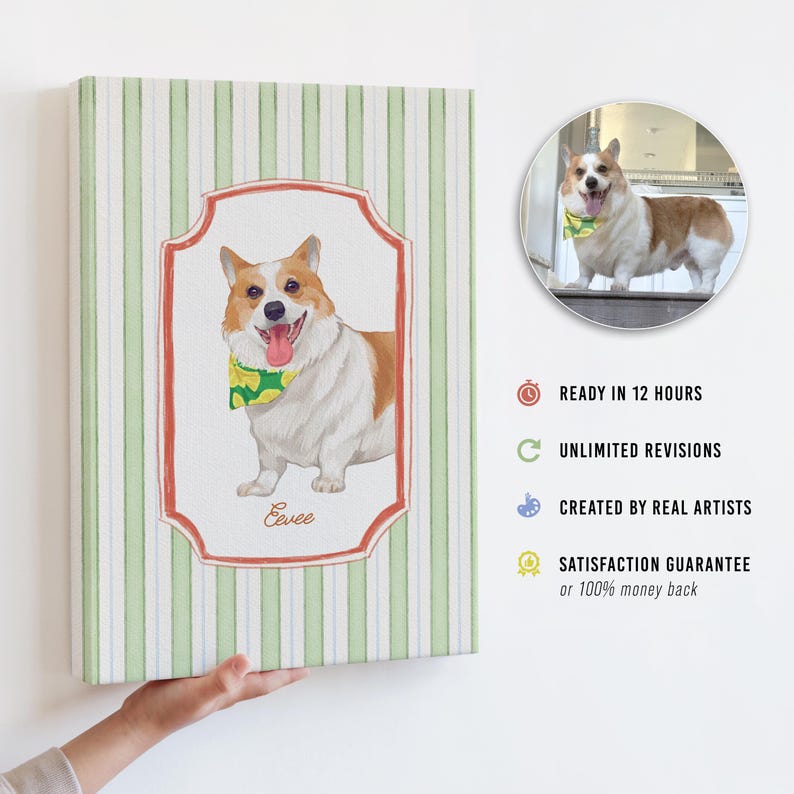 May include: A canvas print featuring a watercolor painting of a Corgi dog with a yellow and green bandana. The dog is set against a striped green and white background, framed in a red border. Text on the print reads "Eevee".