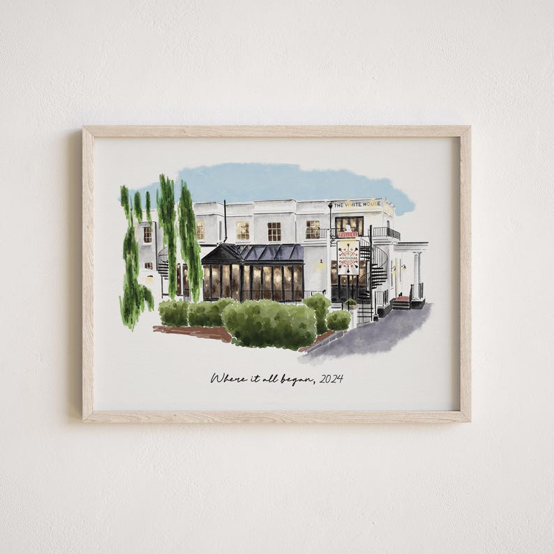 Our First Date Venue Portrait, Custom Watercolor Couple Drawing, Anniversary Keepsake, Valentine Gift for Her Him, Restaurant Sketch image 11