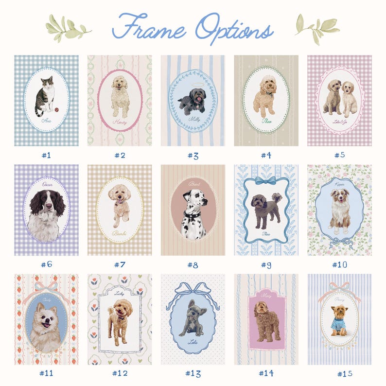 May include: A collection of framed pet portraits, each featuring a different dog or cat breed. The frames have various decorative borders and backgrounds, including stripes, floral patterns, and gingham. The text "Frame Options" is at the top.