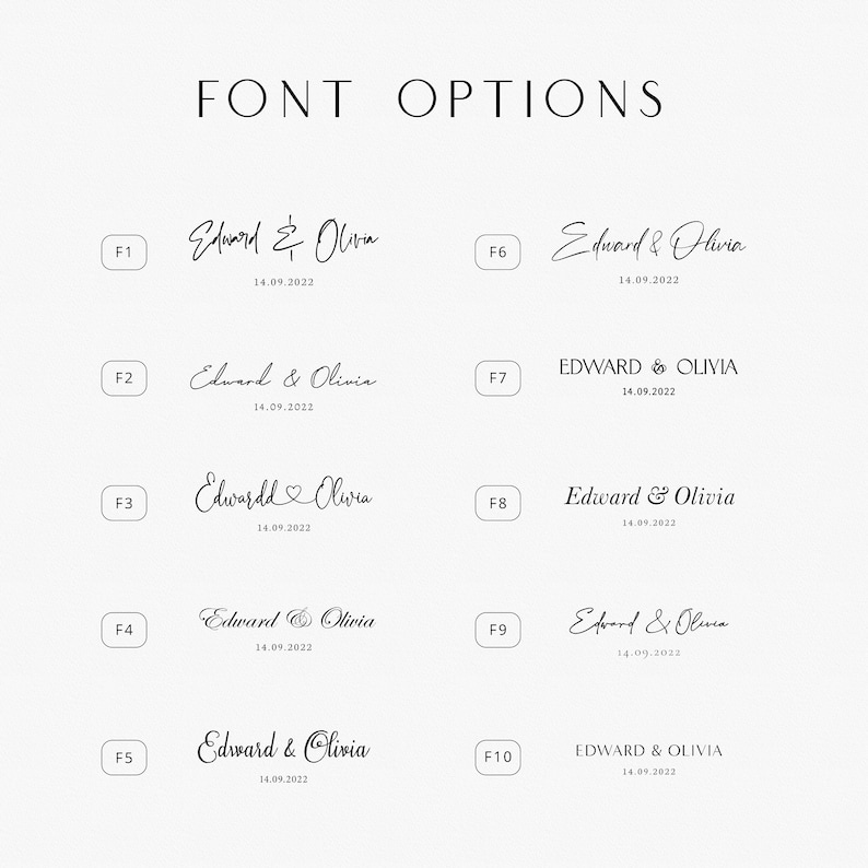 May include: Ten different font options for a wedding invitation or save the date card. The fonts are shown with the names "Edward & Olivia" and the date "14.09.2022".