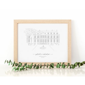 May include: A framed black and white line drawing of a stately building with a fountain and tree in front. The text "patrick & constantine" and "NEWBIGGIN HALL 29.04.2023" are below the drawing. The frame is light wood.
