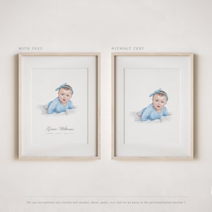 May include: Two framed illustrations of a baby girl wearing a blue headband and a blue outfit. The illustration on the left includes the text "Grace Williams".
