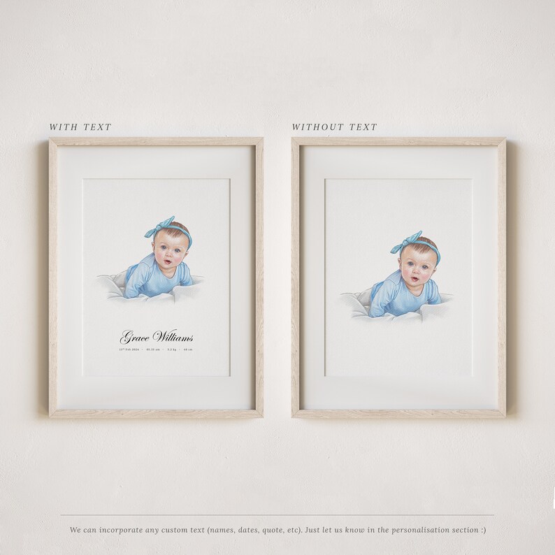 May include: Two framed illustrations of a baby girl wearing a blue headband and a blue outfit. The illustration on the left includes the text "Grace Williams".
