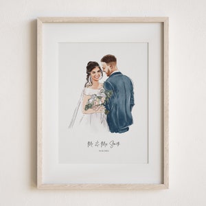 May include: A watercolor illustration of a bride and groom in a white frame. The bride is wearing a white dress and holding a bouquet of flowers. The groom is wearing a blue suit. The text "Mr & Mrs Smith 14.02.2023" is printed below the couple.