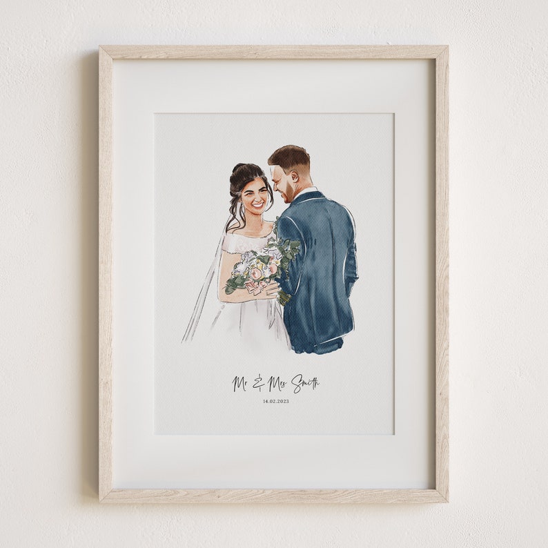 May include: A watercolor illustration of a bride and groom in a white frame. The bride is wearing a white dress and holding a bouquet of flowers. The groom is wearing a blue suit. The text "Mr & Mrs Smith 14.02.2023" is printed below the couple.