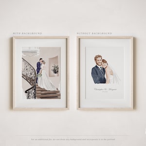 May include: Two wedding portraits, one with a background of a grand staircase and the other with a white background. The couple is dressed in formal attire and smiling. The text "Christopher & Margaret" is written below the portrait with a white background.
