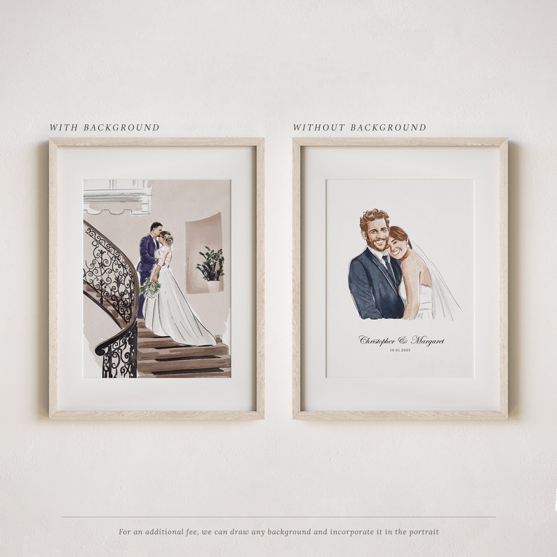 May include: Two wedding portraits, one with a background of a grand staircase and the other with a white background. The couple is dressed in formal attire and smiling. The text "Christopher & Margaret" is written below the portrait with a white background.
