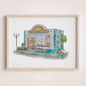 Aangepast schilderij aquarel locatie, foto-illustratie storefront, restaurant muurkunst, bartekening, schets boetiek, kunstcadeau familiebedrijf