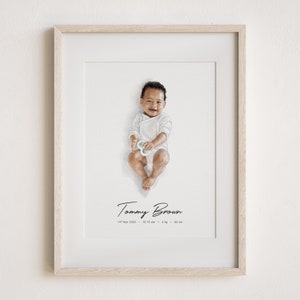 Retrato de bebé en acuarela, pintura fotográfica personalizada, dibujo artístico familiar para recién nacidos, ilustración personalizada dibujada a mano, boceto de recuerdo de aniversario
