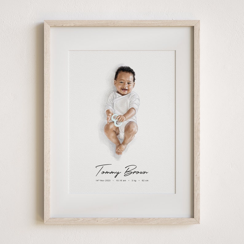 May include: A watercolor portrait of a baby boy named Tommy Brown. The portrait shows the baby smiling and holding a blue and white teether. The baby's birthdate, time, weight, and length are listed below the portrait.