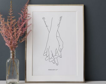 Girlfriend Personalised Gift, Custom Valentine's Day Print, Gifts for Couples, Gift For Her, Gift for Him, Love Heart Hand in Hand Line Art