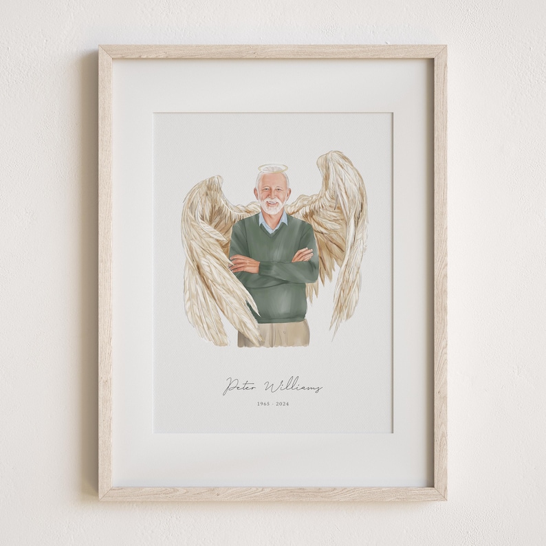 May include: A framed print of a watercolor illustration of a man with a halo and angel wings. The text below the image reads "Peter Williams 1965 - 2024".