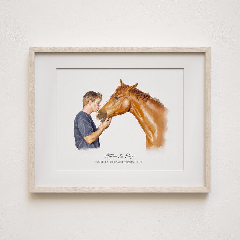 May include: A watercolour painting of a man and a horse. The man is wearing a blue shirt and is kissing the horse on the nose. The horse is brown and has a white star on its forehead. The text "Arthur & Frey" and "Together, we gallop through life" is written below the image.