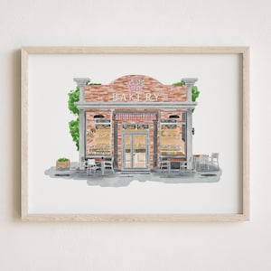 Aangepaste aquarel winkelschilderij, etalagetekening van foto, commercieel gebouw muurkunst, restaurantafdruk, boetiek, barillustratie