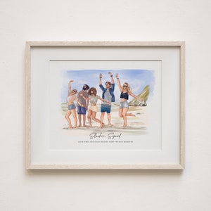 May include: A watercolor painting of five friends on a beach, with a blue sky and white clouds in the background. The friends are all smiling and laughing, and they are wearing casual clothing. The painting is framed in a light wood frame. The text "Slacker Squad" and "Good times and crazy friends make the best memories" is written below the painting.