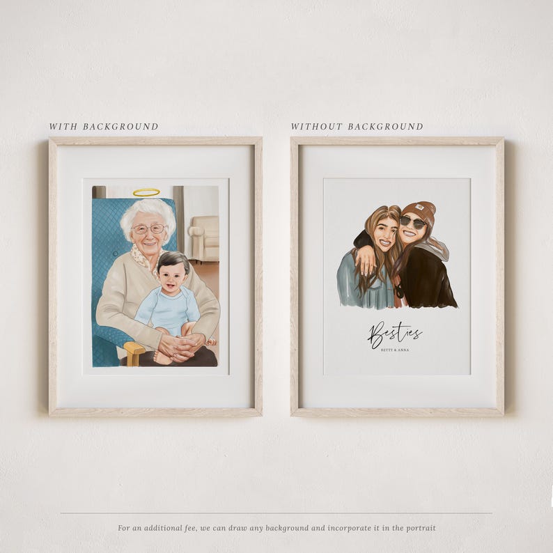 May include: Two framed illustrations, one with a background and one without. The first illustration shows an older woman with a halo above her head, sitting with a young child on her lap. The second illustration shows two women hugging, with the text "Bestus" below them.
